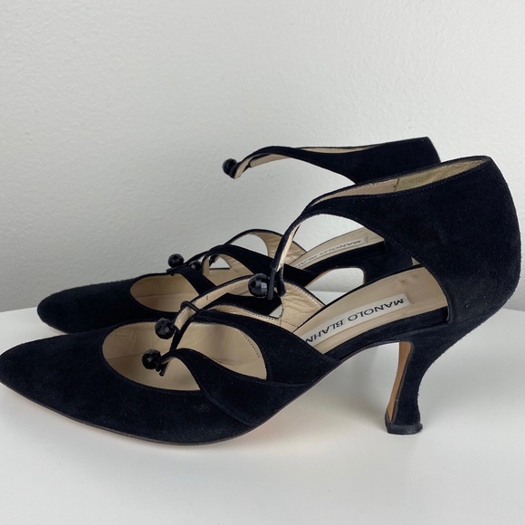 Manolo Blahnik Black Suede Ankle Strap Pumps - Picture 3 of 10